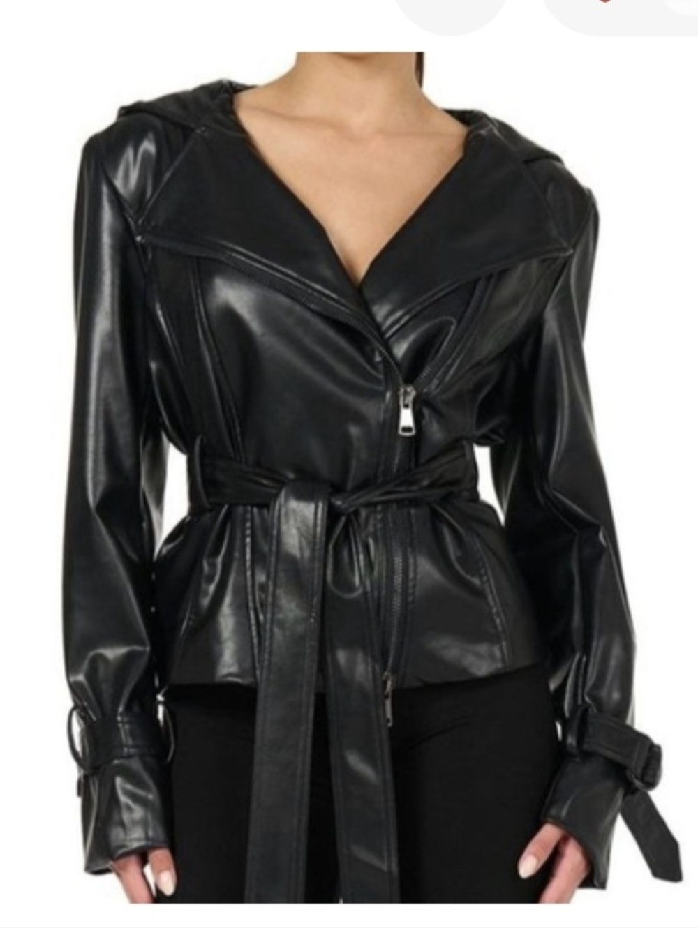 NAKED WARDROBE Black Faux Leather Belted Hooded Jacket
